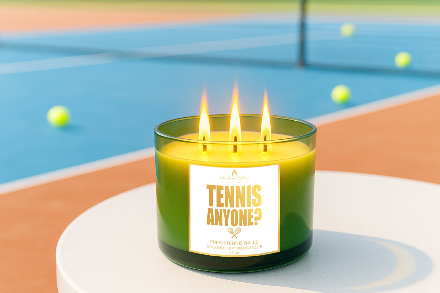 Green glass “Tennis, Anyone?” candle by Wick and Glow on white table with tennis balls – fresh tennis ball scent