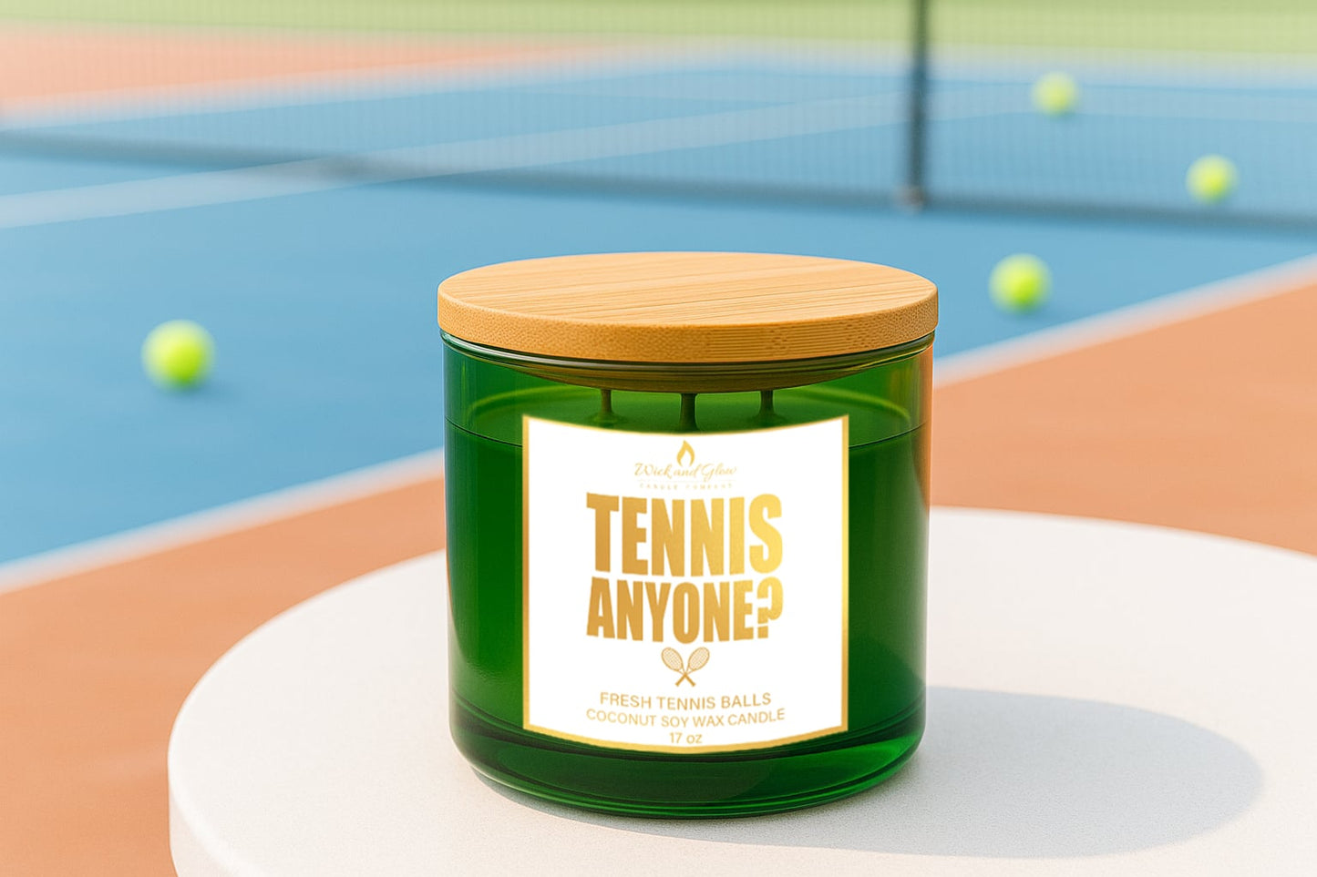 Luxury tennis-scented 17 oz candle burning in green jar – coconut soy wax