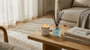 Soy candle and reed diffuser on coffee table