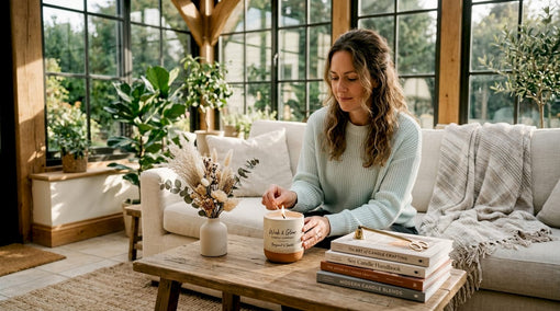 Woman lighting unique candle in cozy living room