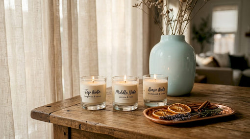 Three candles labeled with fragrance notes and natural elements