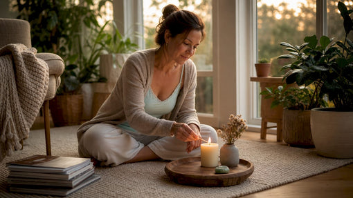 Woman lighting candle in cozy home ritual setting
