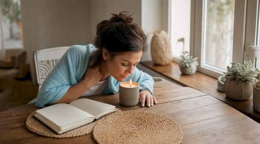 Woman smelling lit candle in cozy room