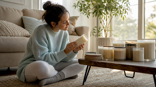 Woman inspecting candle labels at kitchen table