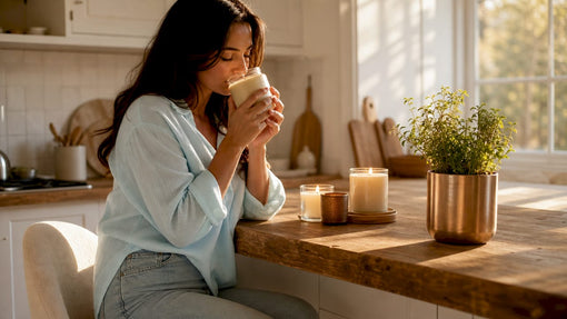 Woman smelling an unlit candle indoors