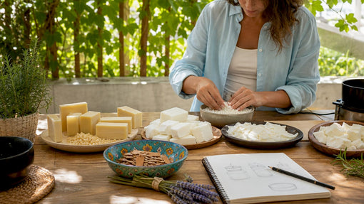 Various natural candle wax types on wooden table