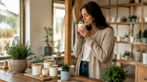 Woman sniff-testing soy wax candle at home