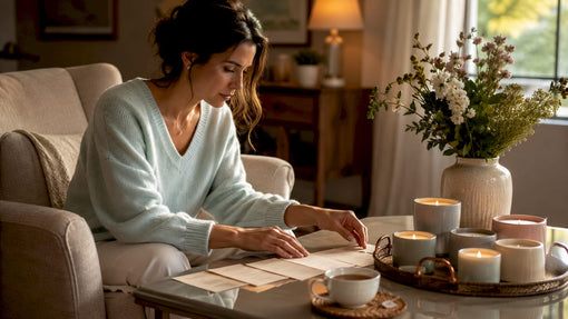 Woman arranging candle gift checklist at table