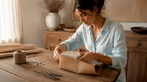 Woman wrapping luxury candle with textured paper