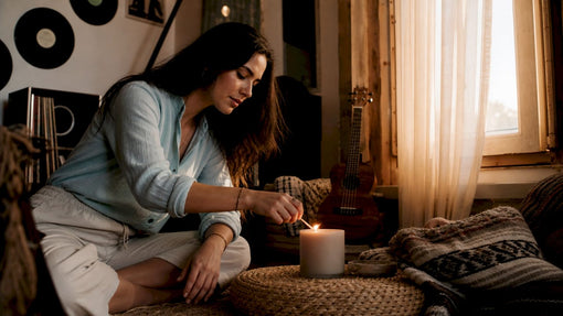 Young woman lighting musical-themed candle at home