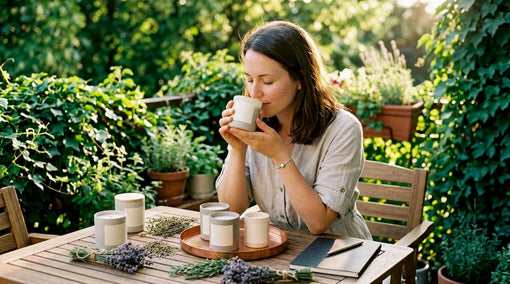 Woman appreciating artisanal luxury candle scent