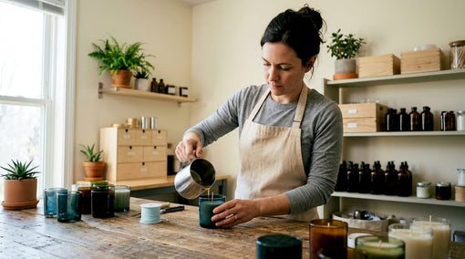 Artisan pouring melted wax into candle container in studio
