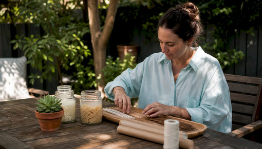 Woman arranging eco-friendly candle wicks at home table