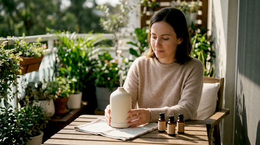 Woman adjusting essential oil diffuser at home