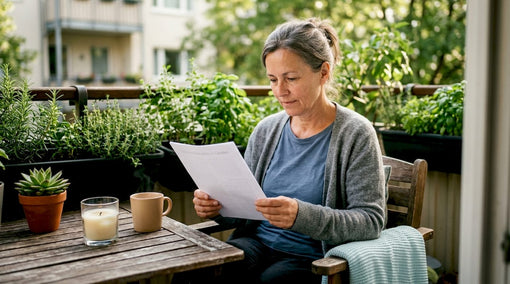 Woman reading article about endocrine disruptors from candles