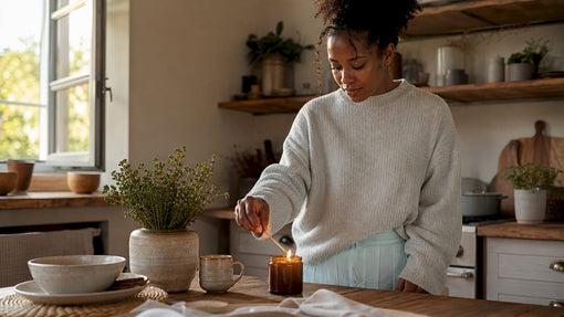 Woman lighting candle on console table