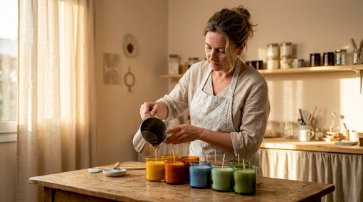 Artisan pouring wax into candle molds in workshop