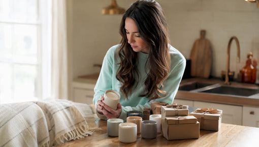 Woman selecting scented candle gift thoughtfully