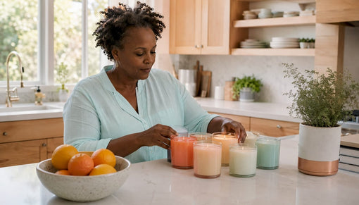 Woman adjusting reed diffuser in sunlit home corner