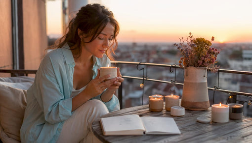 Woman reviewing artisan candles at kitchen table