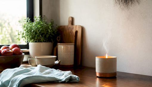 Candle burning with soot deposits on wall