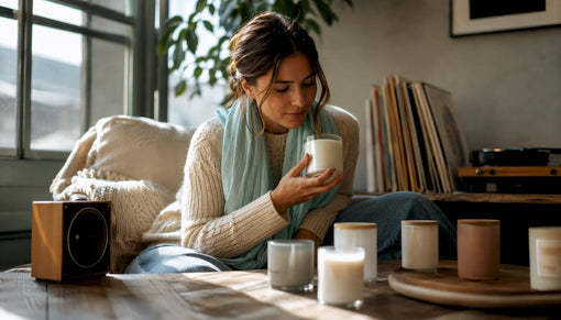 Woman choosing music-inspired fragrance gifts on sofa