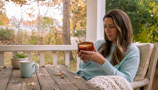 Woman holding candle in warm cozy living room