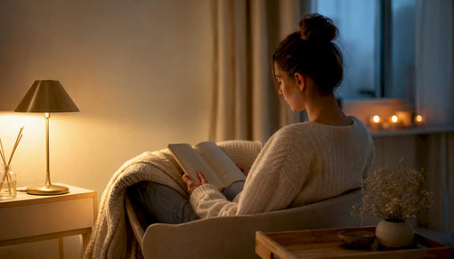 Dimly lit cozy living room corner with diffuser and warm lamp