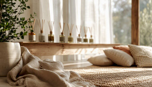Airy living room corner with scent diffusers and soft light