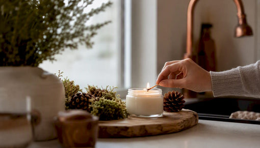 Lighting soy candle in natural home setting