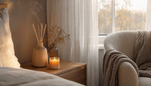 Candle and reed diffuser layering fragrance indoors
