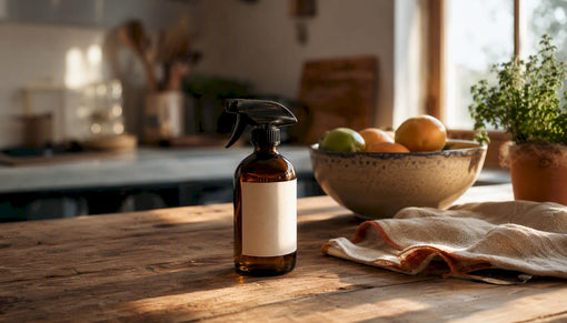 Artisanal room spray bottle on kitchen counter
