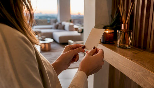 Hands holding fragrance label with scent notes