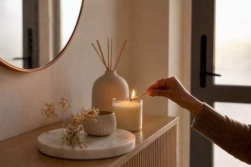 Hand lighting candle in cozy neutral room
