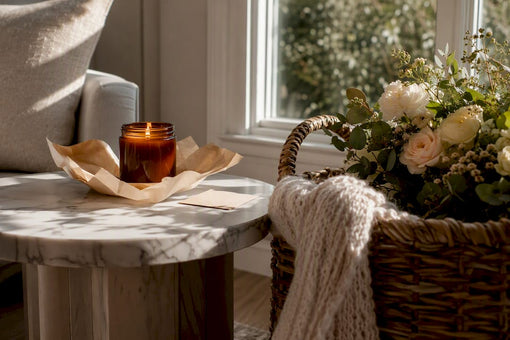 Luxury candle with note on wooden table