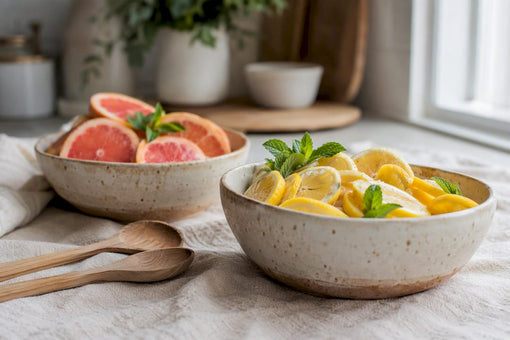 Close-up of citrus fruits and mint with amber bottles