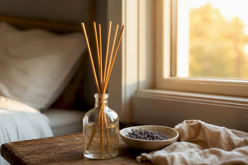 Reed diffuser with reeds on wooden side table