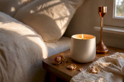 Flickering candle in warm bedroom corner