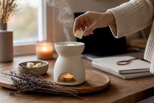 Hand placing wax melts in warmer with blurred candle flame