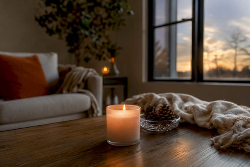 Burning candle flame with cozy winter ambiance