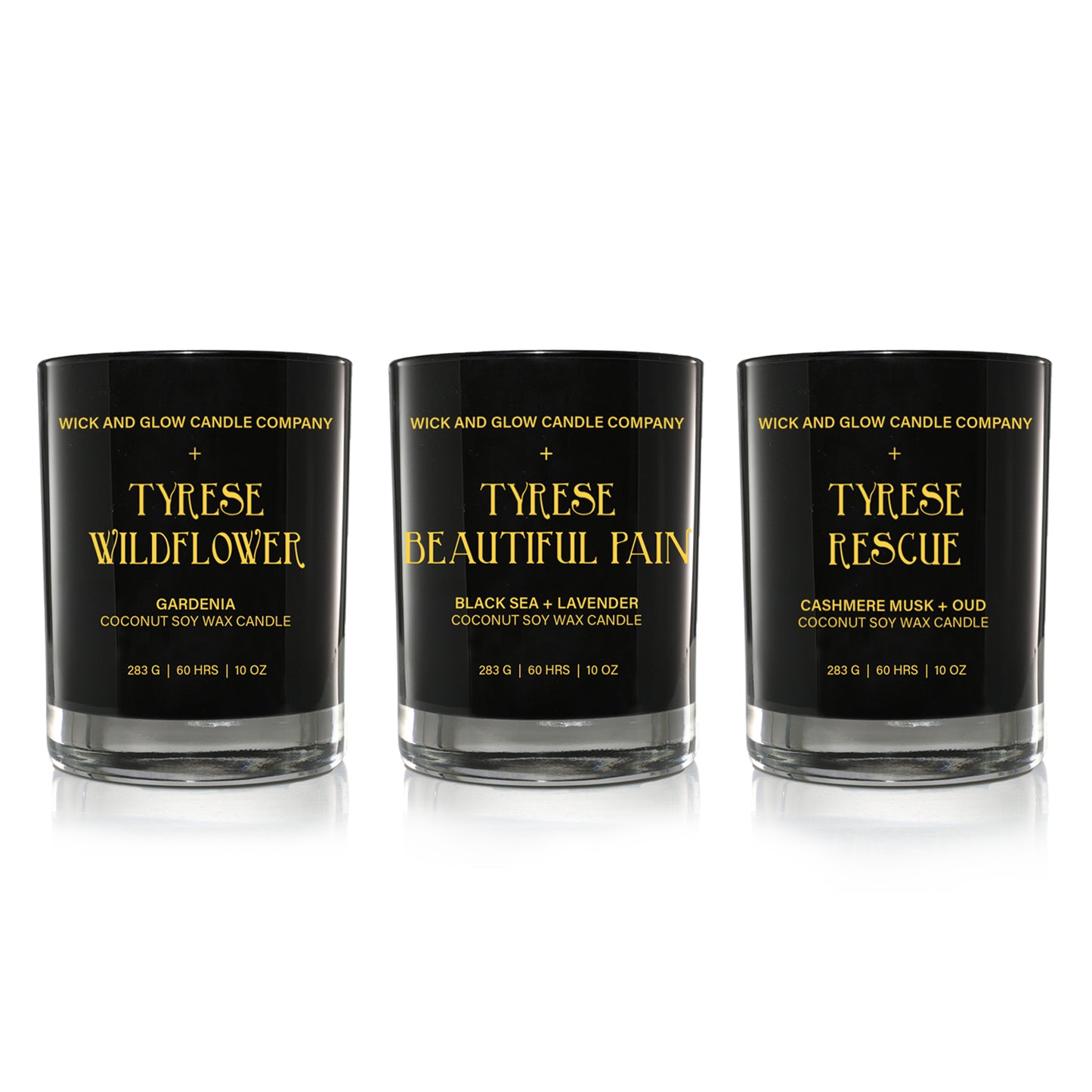 Three black candle jars  from the Tyrese Home fragrance Collection with Wick and Glow Candle Company. The candles are titled Wildflower, Beautiful Pain and Rescue.