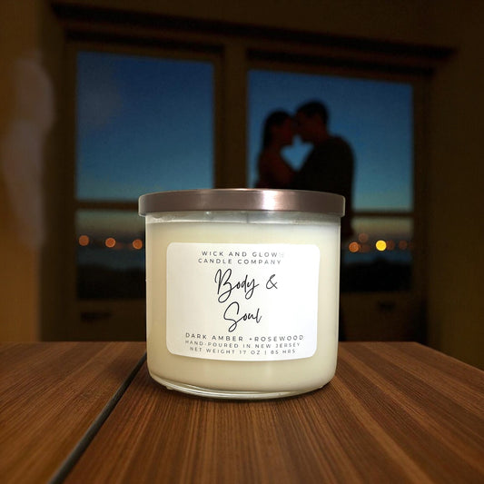 Body and Soul | Dark Amber & Rosewood 3-Wick Soy Candle | Wick and Glow