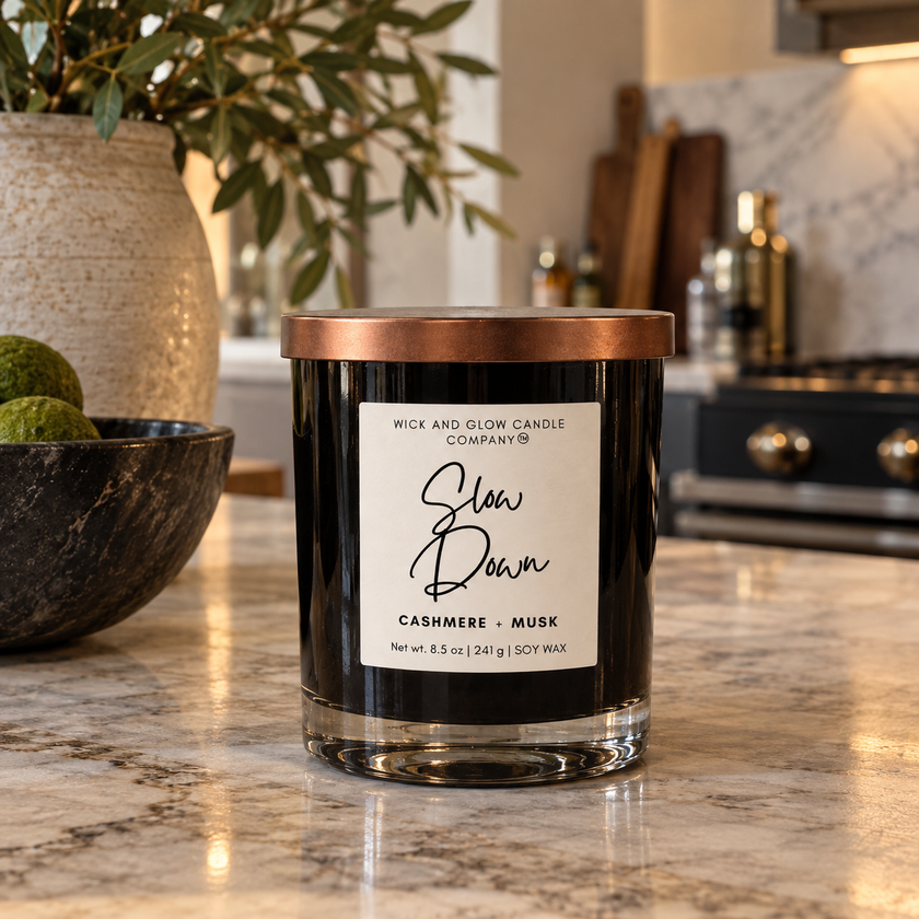 A glass jar candle with a copper-toned lid sits on a marble kitchen counter. The candle has a white label reading 'WICK AND GLOW CANDLE COMPANY' and 'Slow Down CASHMERE + MUSK'.