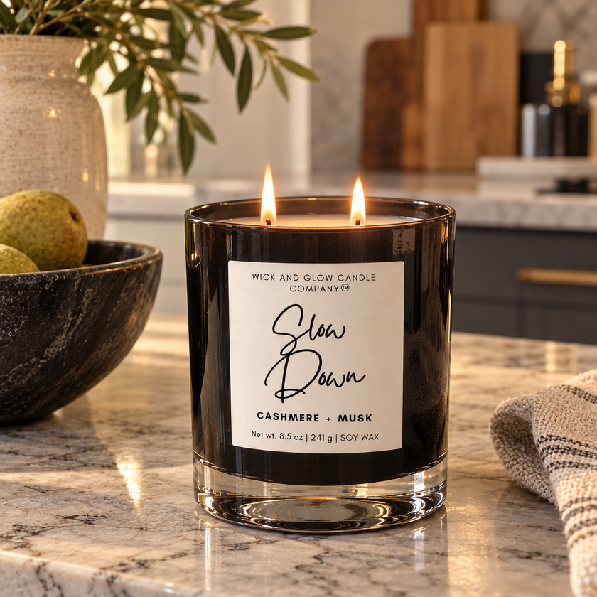 A lit double-wick candle in a dark glass jar sits on a marble countertop in a kitchen setting. The white label reads 'WICK AND GLOW CANDLE COMPANY' and 'Slow Down CASHMERE + MUSK'.