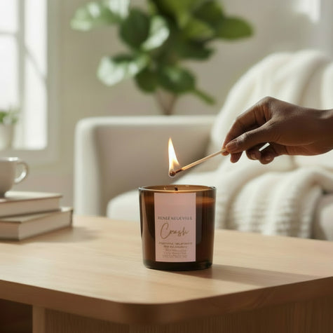 Person lighting a candle labeled 'Coast' on a table with a blurred indoor background
