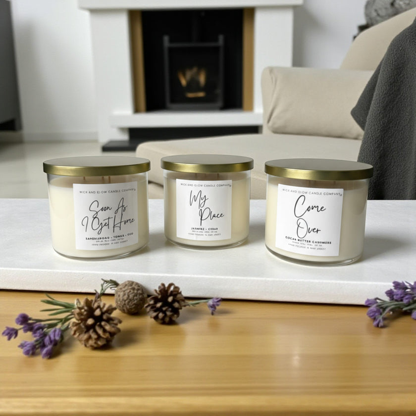 Fall 4 U luxury candle set on a white table in front of a fireplace