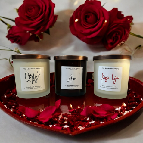 Three soy candles in clear and amber glass jars with bronze lids, labeled 'Me & U'