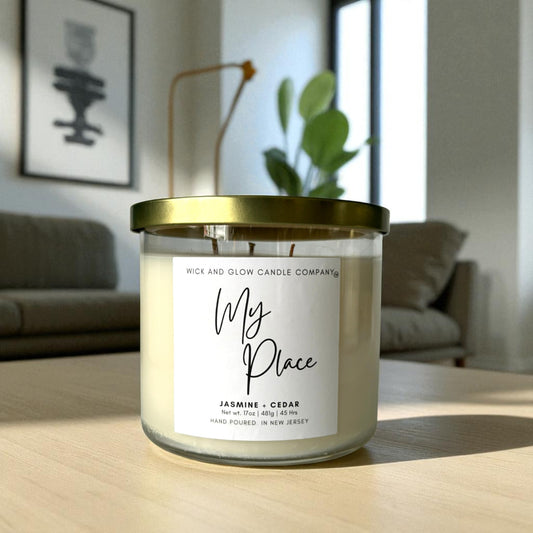 Candle with a label in a living room setting