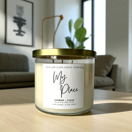 My Place Jasmine + Cedar Luxury Scented Candle - Wick and Glow Candle Company™