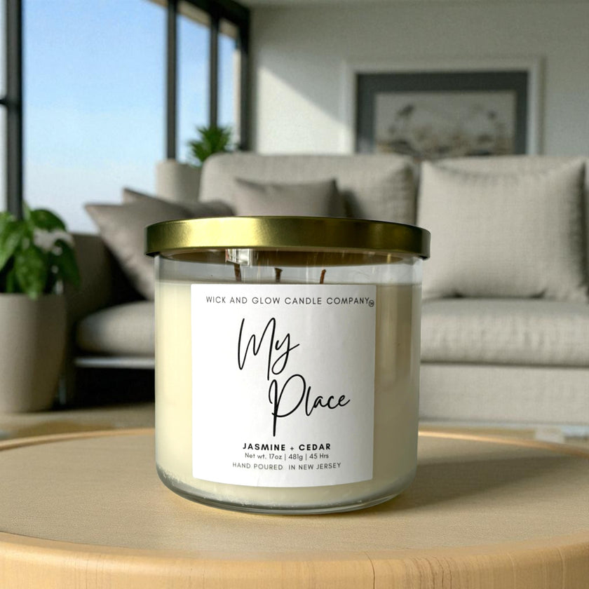 My Place Jasmine + Cedar Luxury Scented Candle - Wick and Glow Candle Company™